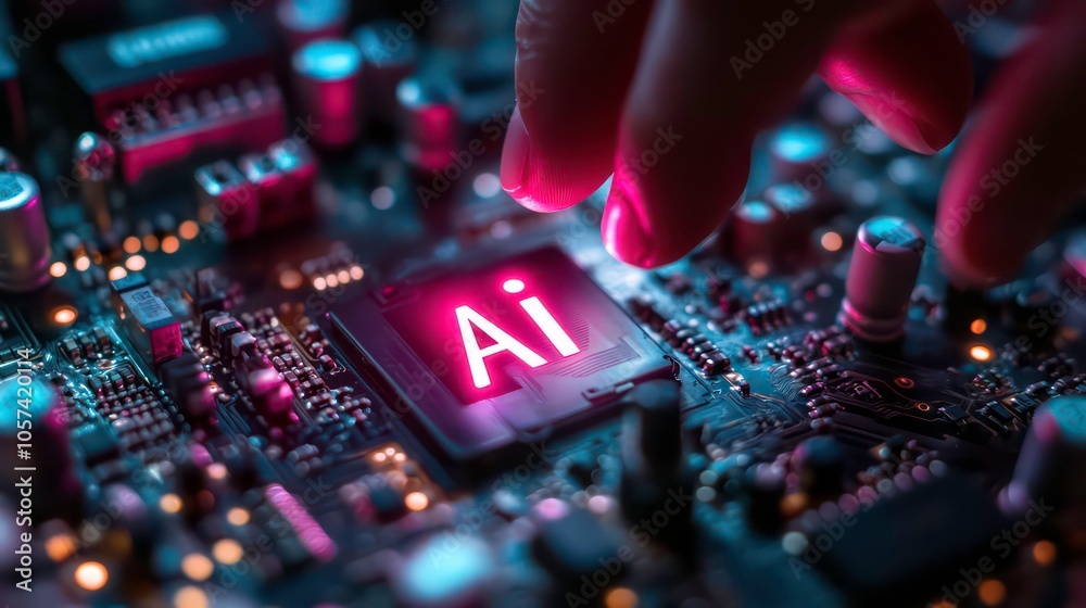 Poster a hand touching a glowing ai chip on a circuit board, symbolizing technology and innovation.