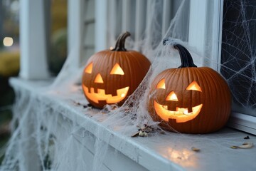 Obraz premium halloween porch decor, halloween decor on porch flickering jack-o-lanterns and eerie cobwebs swaying in autumn breeze, creating a spooky scene