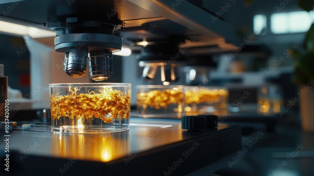 Poster close-up of synthetic tissue culture with researchers analyzing under advanced lab microscopes
