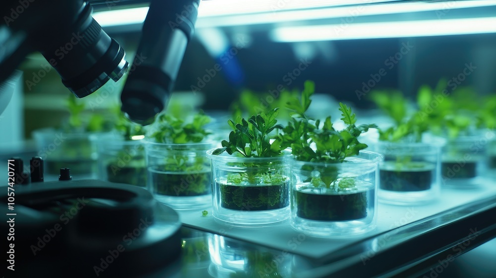 Poster close-up of synthetic tissue culture with researchers analyzing under advanced lab microscopes