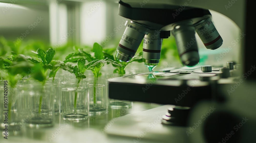 Poster close-up of synthetic tissue culture with researchers analyzing under advanced lab microscopes