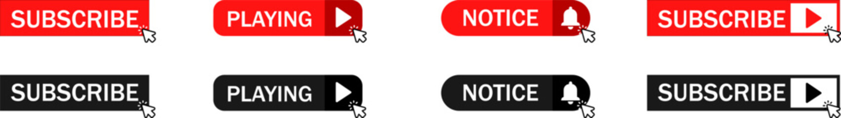 Red button, Subscribe, Play, Notifications, With Hand Cursor
