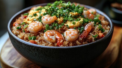 A bowl of shrimp fried rice topped with green onions, showcasing a delicious meal.