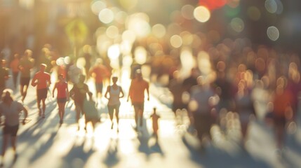 Indistinct figures walking and running towards a brighter future at a charity event.