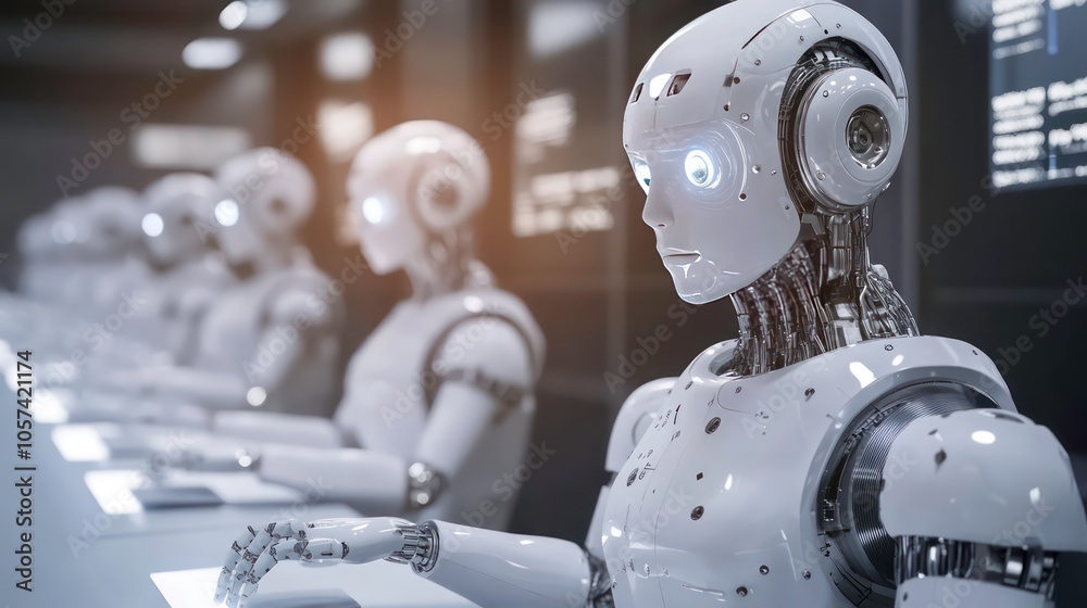 Leinwandbilder a row of humanoid robots seated at a table, showcasing advanced technology and design.
