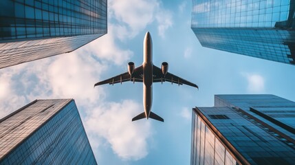 Commercial airplane flying over modern building