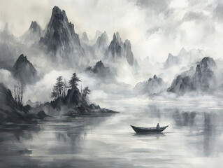 Serene journey through misty mountains in a traditional rowboat, surrounded by ethereal landscapes.