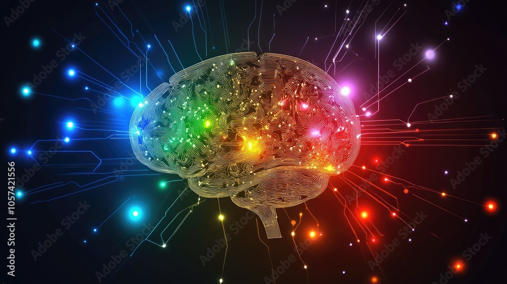 Poster Concept of artificial intelligence integration with human thoughts visualized in high-tech graphics
