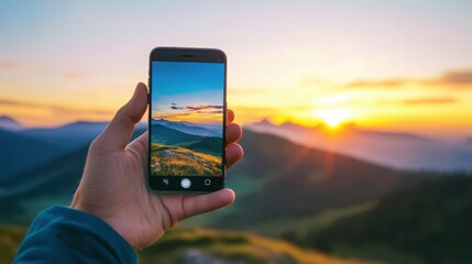 Man's hand holding smartphone taking photo of beautiful foggy mountains in front
