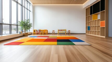 Modern Playroom with Colorful Rug and Wooden Shelving