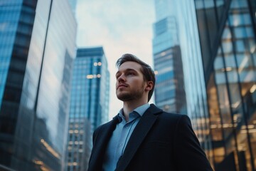Businessman looking up at buildings in the city