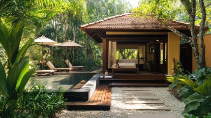 Hotel spa with an outdoor relaxation area set in a lush garden