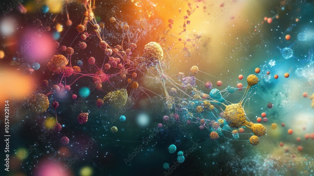Poster Conceptual image of biotech regeneration, showing cells and molecular structures in vivid color gradients