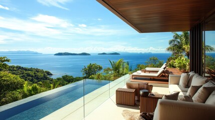 Hotel suite with a large terrace offering a view of the ocean
