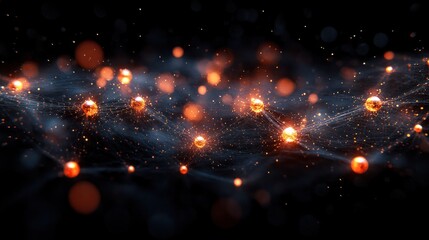 Abstract representation of particles connected by energy waves in a dark background.