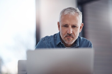 Mature man, company and research with laptop for website information, review and reading business...