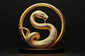 Fototapeta premium Golden Snake Sculpture in a Circular Frame on a Black Background