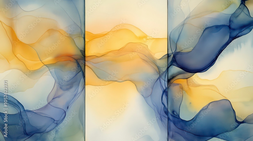 Poster abstract fluid art with flowing shapes in soft colors of yellow, blue, and cream.