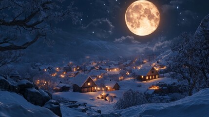 Fototapeta premium Cold full winter moon illuminating a snow-covered town, warm house lights shining in the distance. generative ai