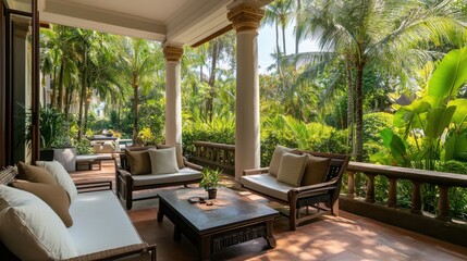 Obraz premium Hotel terrace with comfortable seating and a view of