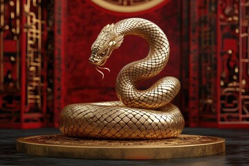 Golden Snake Sculpture on a Circular Base with Red Background