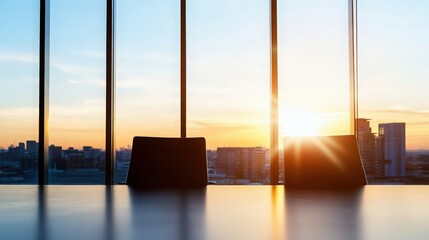 Fototapeta premium Modern meeting room interior with sunset, glasses and paper on desk and reflections. 