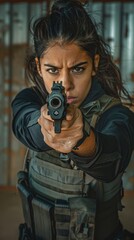 A woman is holding a gun and looking at the camera. Scene is tense and serious