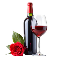 red wine bottle and glass with rose for valentines day