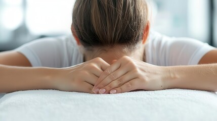 Woman in a chiropractors office, lying on a table for spinal adjustment, professional healthcare setting