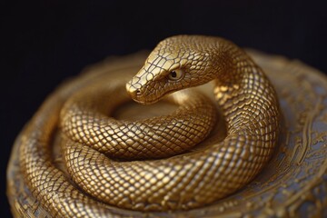 Fototapeta premium Golden Snake Coiled on a Patterned Surface