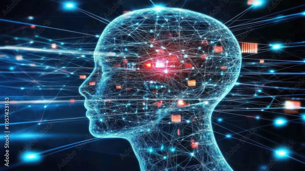 Poster Digital human head with connected AI network lines, representing advanced artificial intelligence