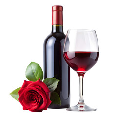 red wine bottle and glass with rose for valentines day