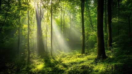 Fototapeta premium Lush green forest with sunlight filtering through the trees