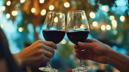 Couple in love drinking wine. Romantic date with glasses of red wine at restaurant. Cheers. Clinking glasses with alcohol and toasting, party	
