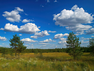 Obraz premium Vibrant summer landscape with a lush meadow under a bright blue sky dotted with fluffy clouds.