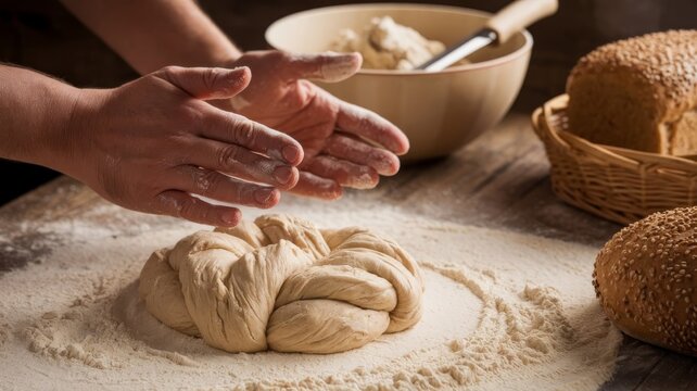 Crafting bread dough with wheat flour, showcasing the art of baking from scratch