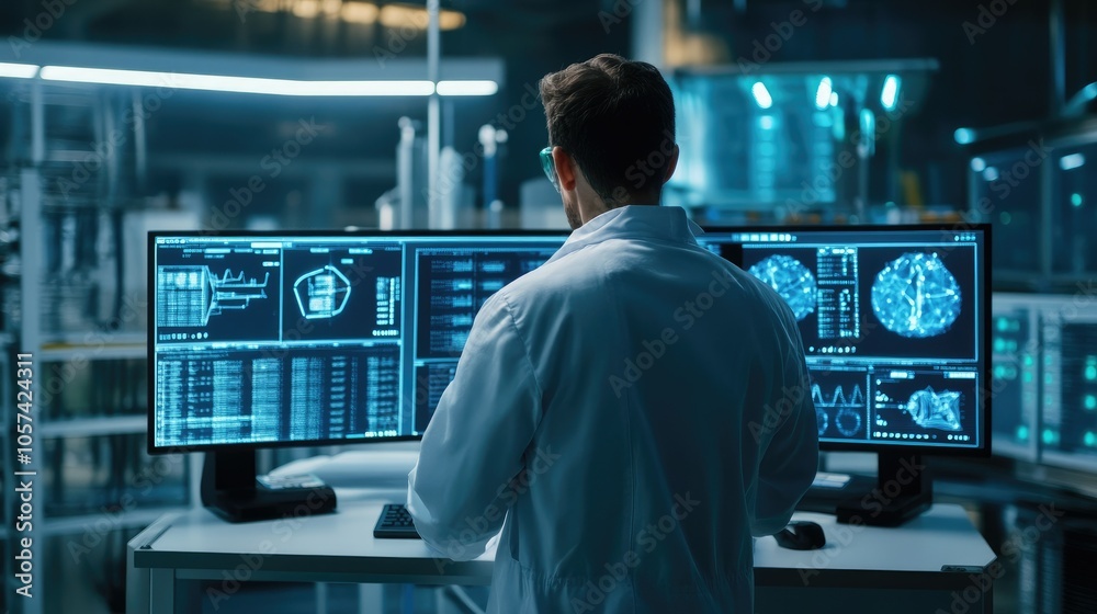 Poster Electronics factory with scientist at computer, screens showing diagnostic control software UI