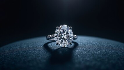 Fototapeta premium Brilliant Diamond Ring on Dark Velvet Surface Under Spotlight