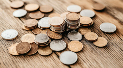 Pile of assorted mixed coins in different sizes and colors on a wooden table surface