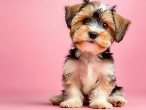Adorable schnauzer puppy sitting on a soft pink background, charming and sweet