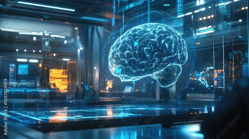 Poster Futuristic AI-powered robotic brain processing data streams in a high-tech environment -