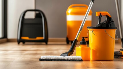 Cleaning Supplies On Wooden Floor