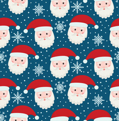 Seamless pattern with cute Santa Claus faces and snowflakes. Vector Christmas background	