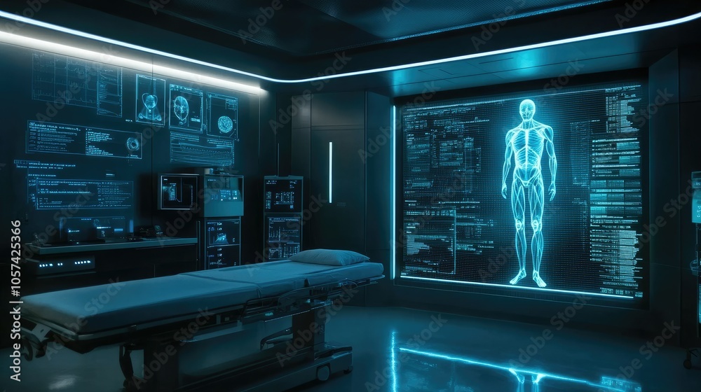 Aufkleber futuristic clinic with holographic medical data display showing in-depth analysis of human body
