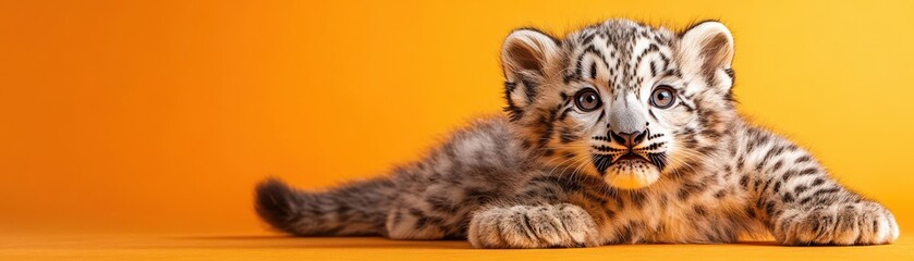 Fototapeta premium Adorable snow leopard cub with a shocked expression, fluffed tail and wide eyes, on a bright orange background, lively and sweet
