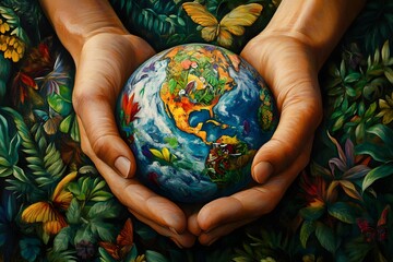 Hands Cupping a Globe Surrounded by Lush Foliage and Butterflies