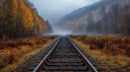 Fototapeta premium Lonely railway track fading into fog, symbolizing lost journeys