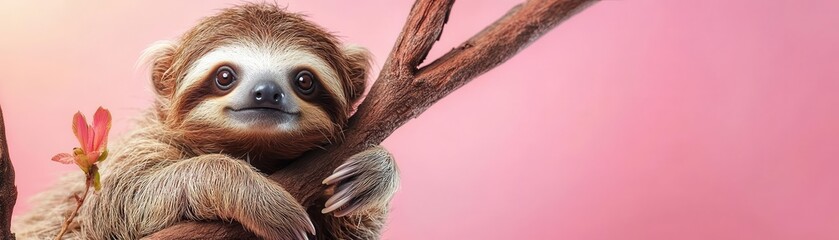 Obraz premium Baby sloth hanging from a branch on a solid light pink background, slow and charming