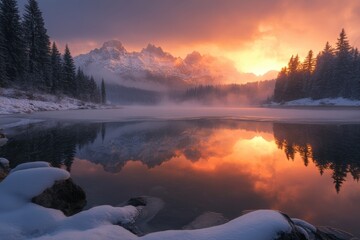 A breathtaking winter sunrise over a mist-covered lake surrounded by snow-dusted trees and mountains, capturing the beauty and serenity of nature.