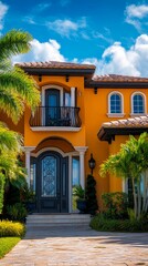 Obraz premium Vibrant Mediterranean-style villa with terracotta roof and ornate front door, surrounded by lush palm trees under a bright blue sky with fluffy clouds.